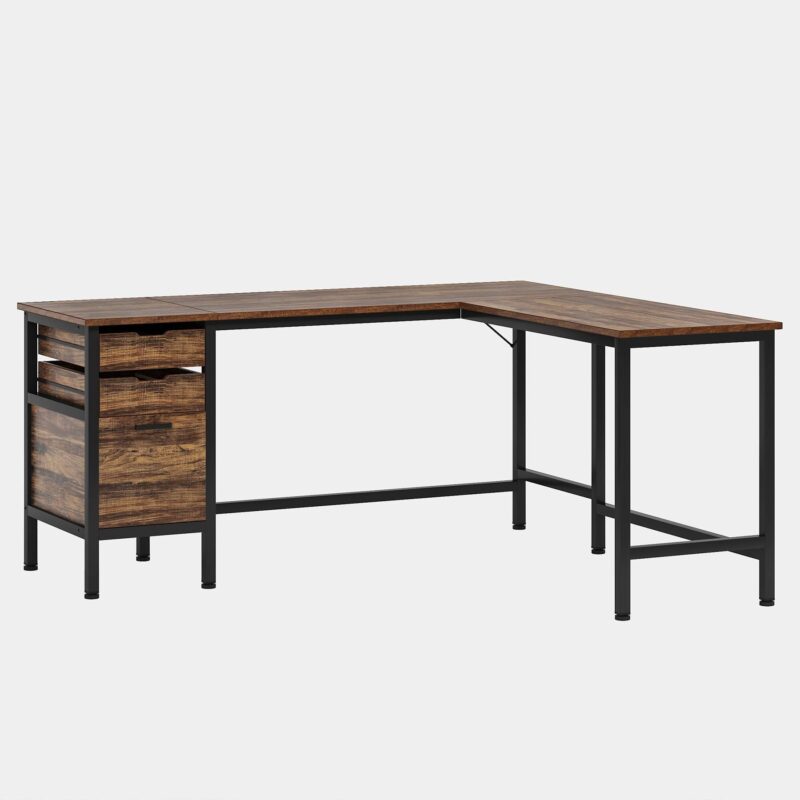 L-Shaped Desk, 59" Corner Computer Desk with Storage Drawers - Image 2