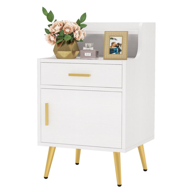 Nightstand, 32" Tall Bedside Table with Drawer & Doors