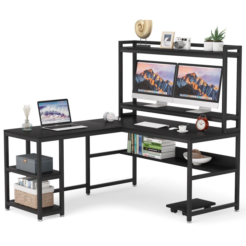 L-Shaped Desk, 59" Corner Computer Desk with Hutch and Shelves - Image 10