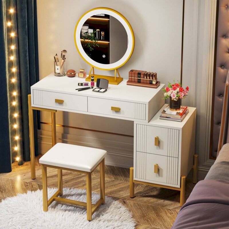 Vanity, Makeup Dressing Table Set with LED Lighted Mirror and Stool - Image 3