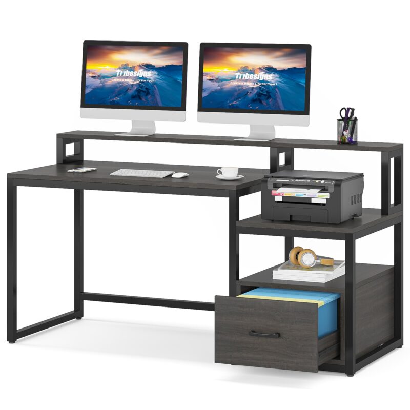 Computer Desk, 60" Desk with File Drawer and Shelves - Image 9