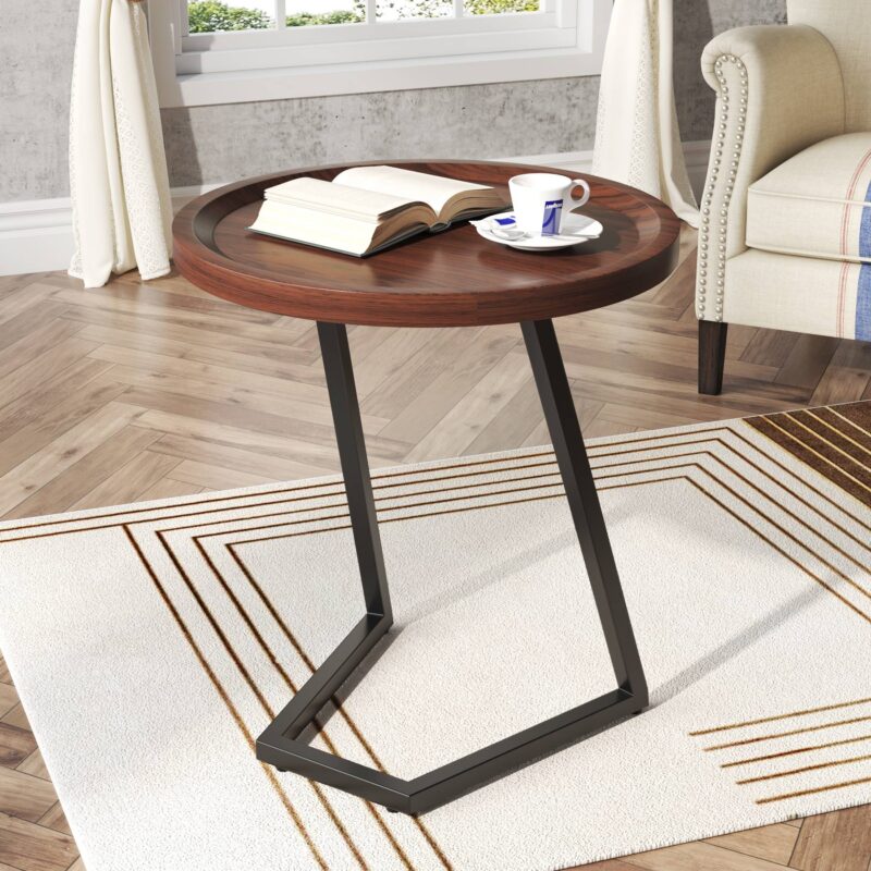 End Table, Round Side Snack Table with L-Shaped Metal Leg