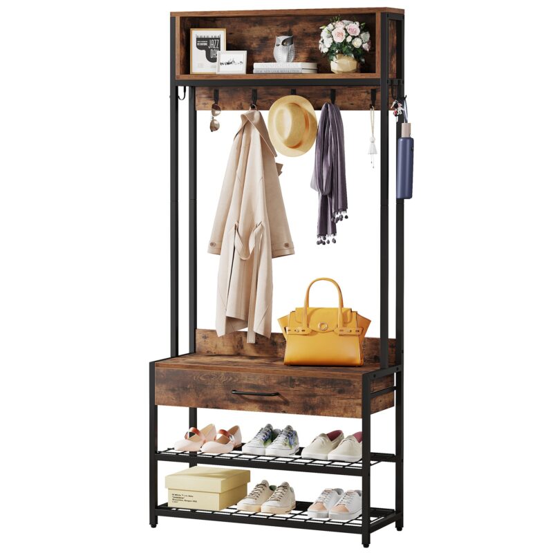 Coat Rack Shoe Bench, Entryway Hall Tree with Drawer & Hooks