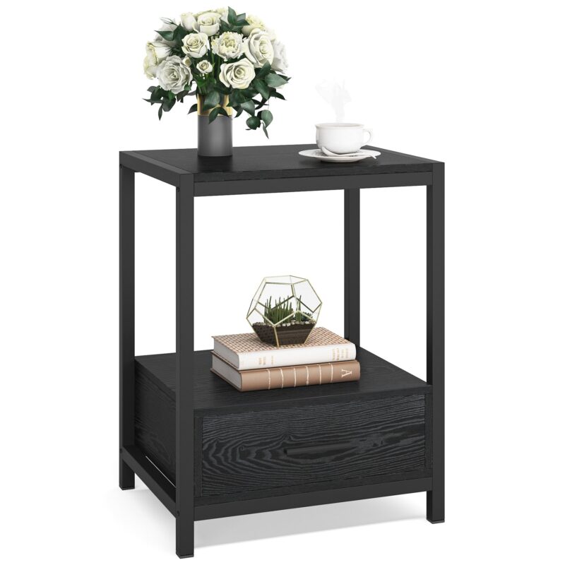 Nightstands, End Side Table with Drawer & Storage Shelf - Image 11