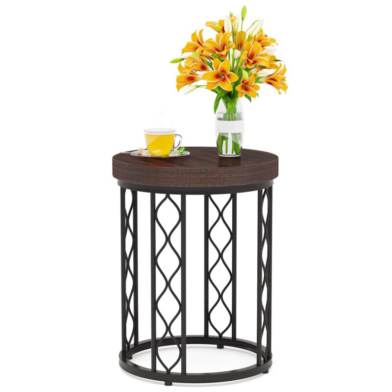 End Table, Round Side Table Nightstand with Metal Frame