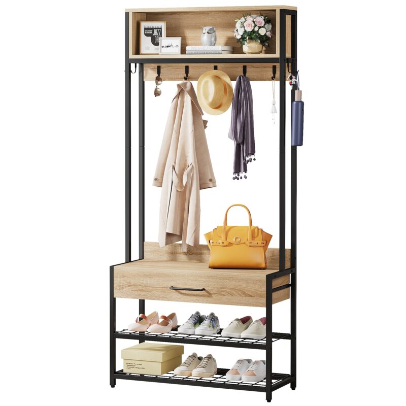 Coat Rack Shoe Bench, Entryway Hall Tree with Drawer & Hooks - Image 7