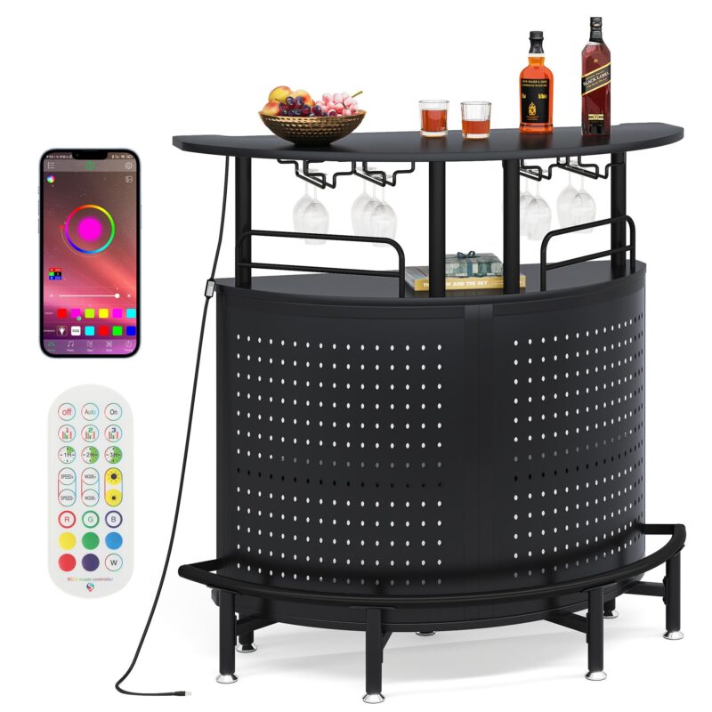 Smart Bar Unit with Led Lights, 3-Tier Liquor Bar Table