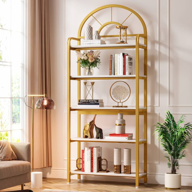 Bookshelf, 5-Tier Modern Arched Etagere Bookcase Storage Rack