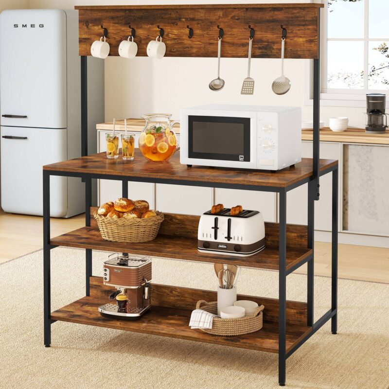 Kitchen Island, 3 Tiers Kitchen Storage Shelf with 14 Hooks