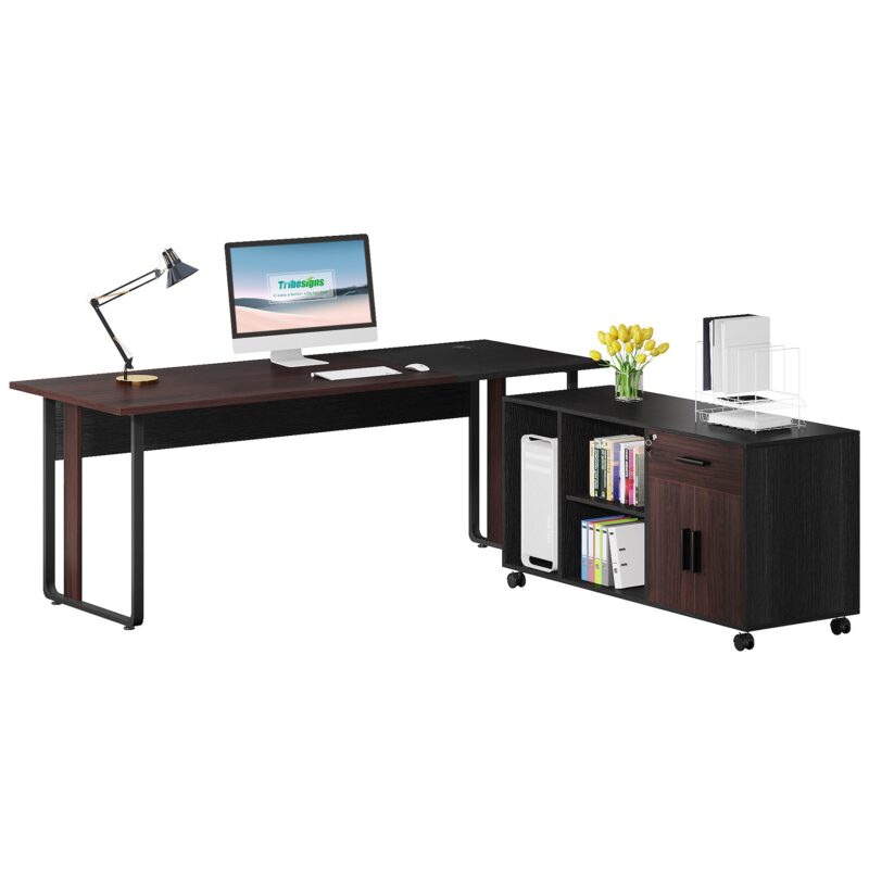 70.8" Executive Desk with 47" Mobile File Cabinet, L Shaped Computer Desk