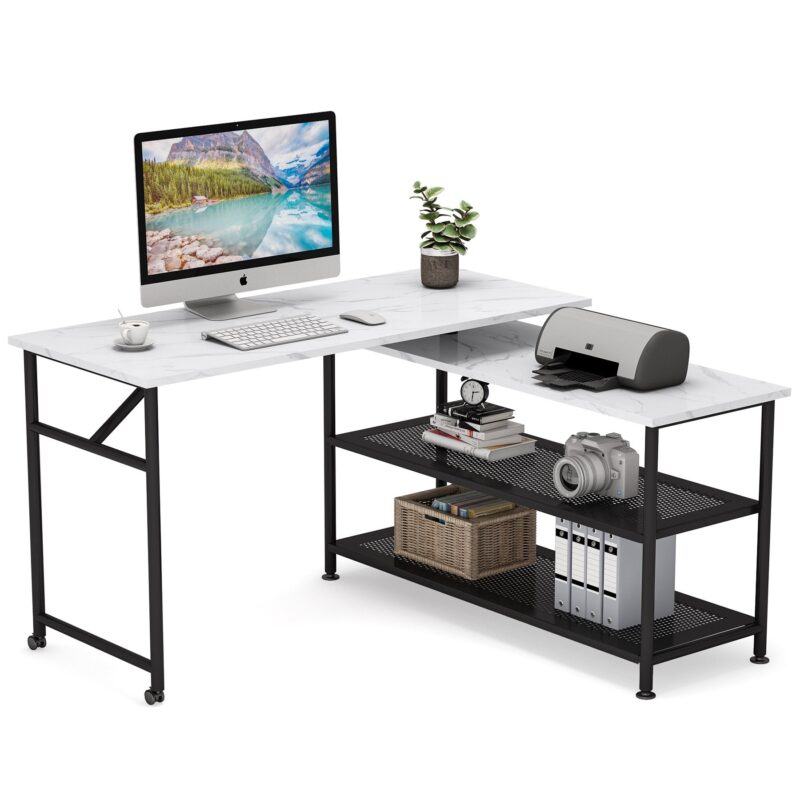 Rotating Desk, Modern L-Shaped Desk with Storage Shelves - Image 7