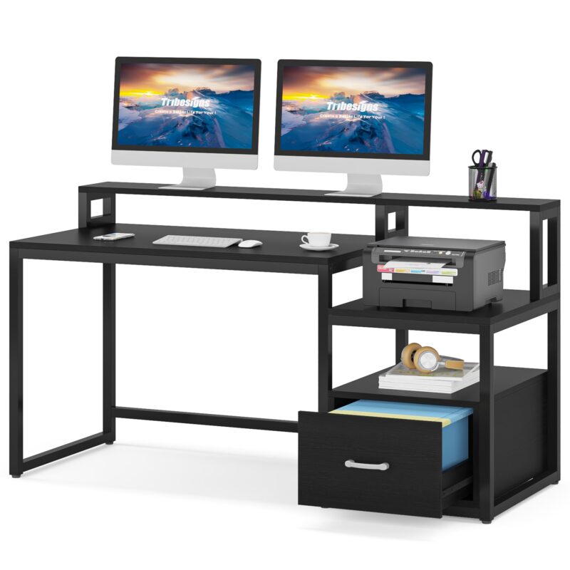 Computer Desk, 60" Desk with File Drawer and Shelves