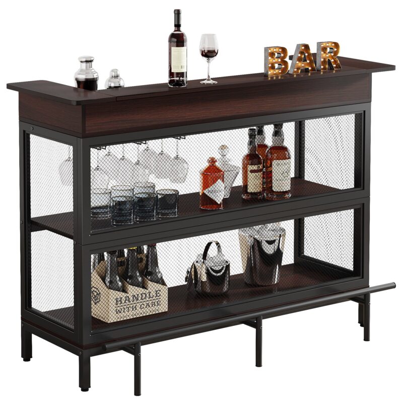 Home Bar Unit, Industrial 3 Tier Liquor Bar Table with Stemware Rack