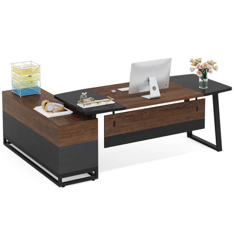 L-Shaped Desk, 67" Executive Desk with 55" Lateral File Cabinet