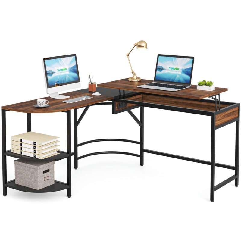 L-Shaped Desk with Lift Top, 59" Corner Computer Desk with Storage Shelves