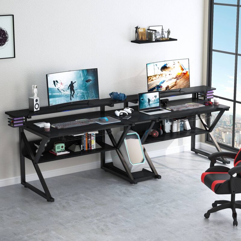 Gaming Desk, 102" Two Person Computer Desk with Shelves