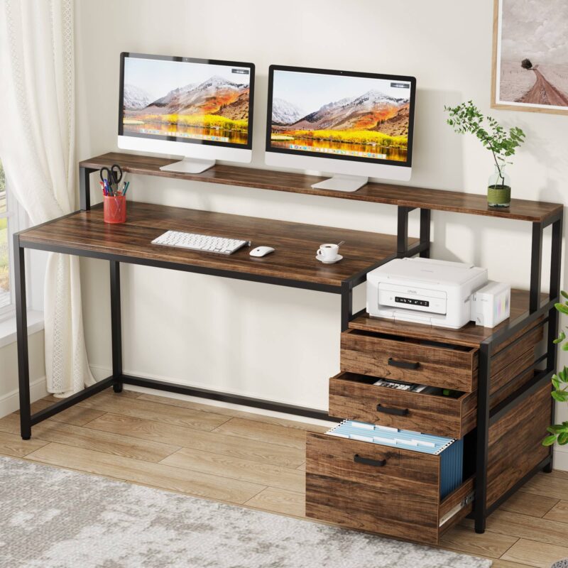 Computer Desk, 63" Home Office Desk with Drawers & Monitor Stand - Image 3