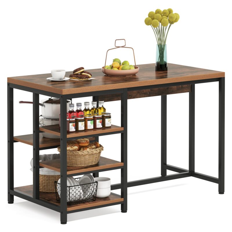 Kitchen Island, Industrial Kitchen Counter Dining Table with Storage Shelves