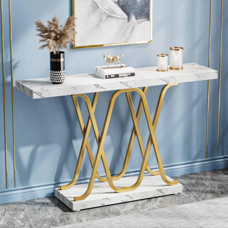 Console Table, 2-tier Modern 39" Sofa Table with Faux Marble Top