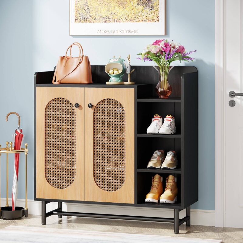 Shoe Cabinet, Rattan Shoe Storage Organizer with Doors & Open Shelves