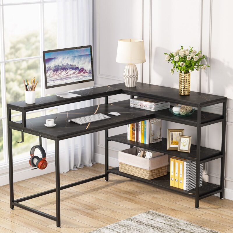 L-Shaped Desk, 53" Reversible Corner Desk with Shelves and Monitor Stand - Image 2