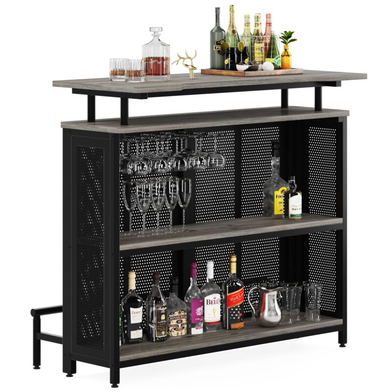 Bar Unit, 3 Tier Liquor Home Bar Table with Stemware Racks - Image 9