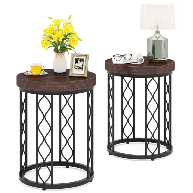 End Table, Round Side Table Nightstand with Metal Frame - Image 7