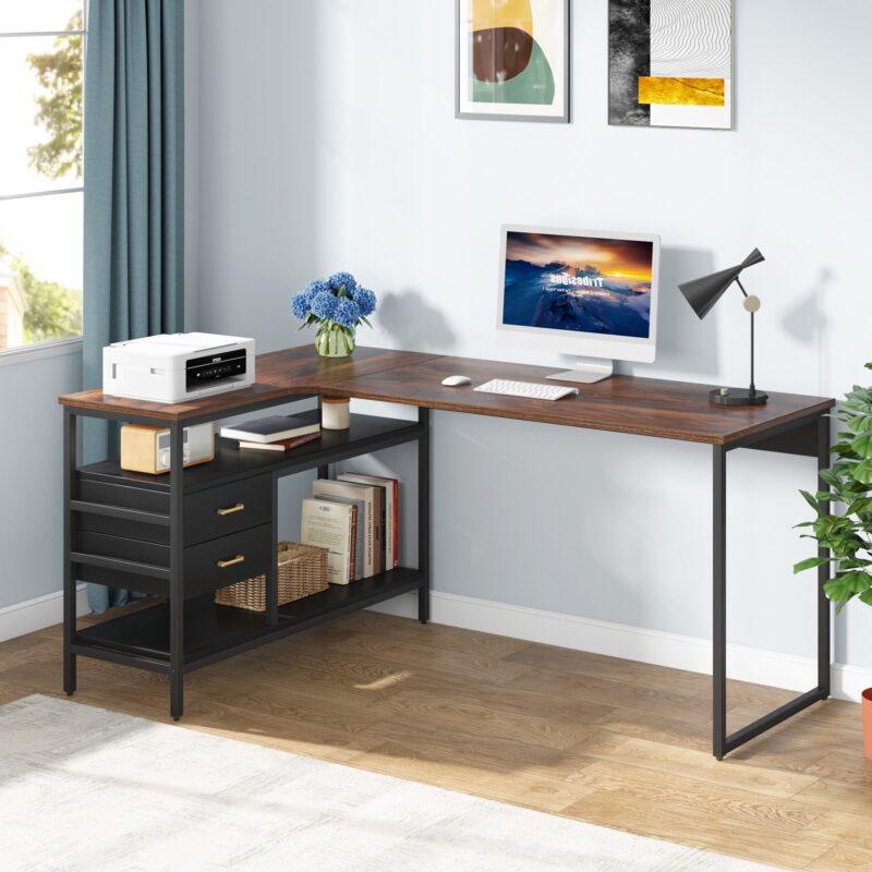 L-Shaped Desk, 59" Computer Desk with 2 Drawers & Storage Shelves - Image 2