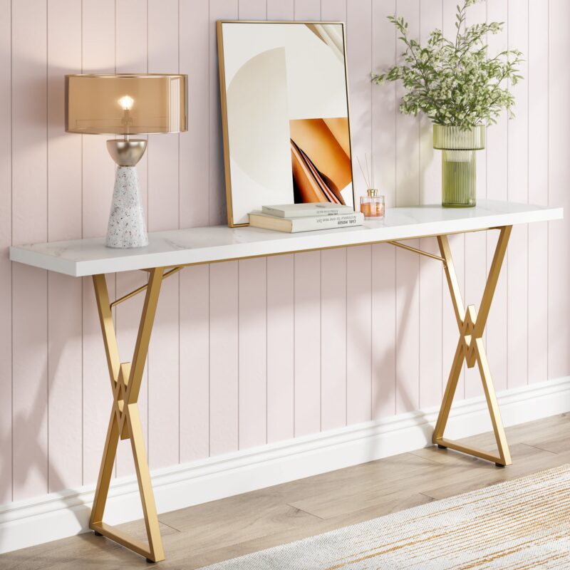 Console Table, 70.9 Inch Sofa Table Hallway Table, White and Gold - Image 2