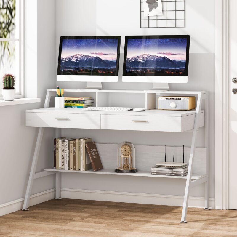 Computer Desk, 47" Writing Desk with Storage Shelf & Drawers