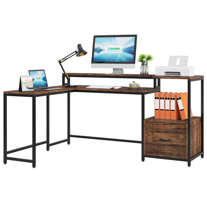 L-Shaped Desk, 67 Inch Corner Computer Desk with Hutch and Drawer