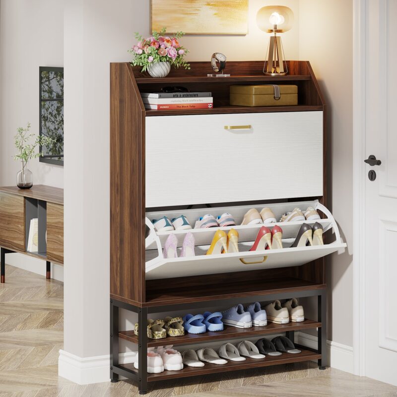 Shoe Cabinet, Freestanding Shoe Organizer with 2 Flip Drawers & Shelves - Image 2