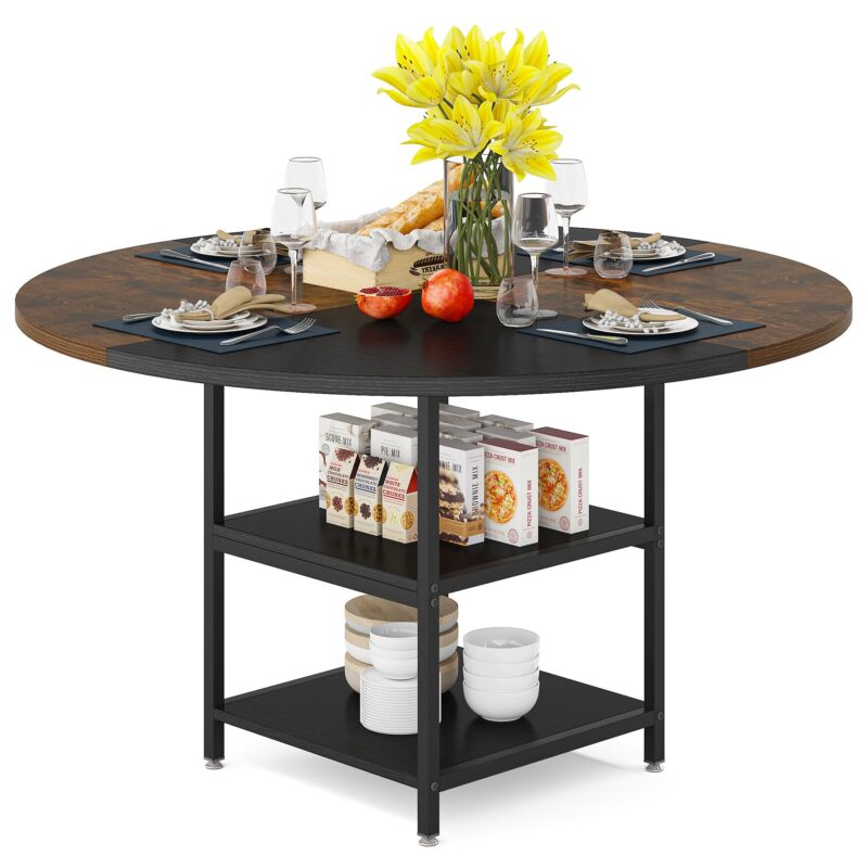 Dining Table, Round Kitchen Dinner Table with Storage Shelf