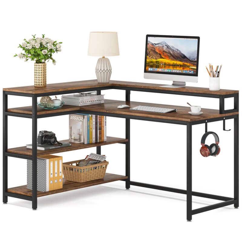 L-Shaped Desk, 53" Reversible Corner Desk with Shelves and Monitor Stand - Image 7