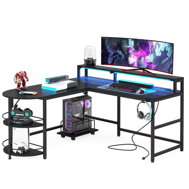 Gaming Desk, L Shaped Computer Desk with LED Strip & Shelves