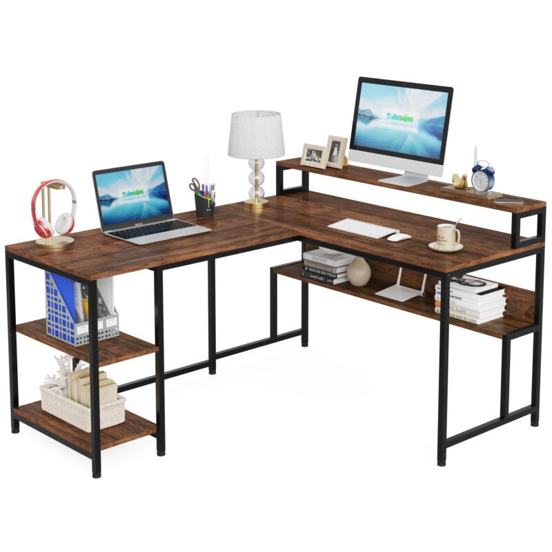 L-Shaped Desk, Reversible Corner Desk with Shelves & Monitor Stand