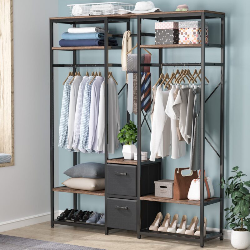 Freestanding Closet Organizer, Metal Garment Rack with Shelves - Image 2