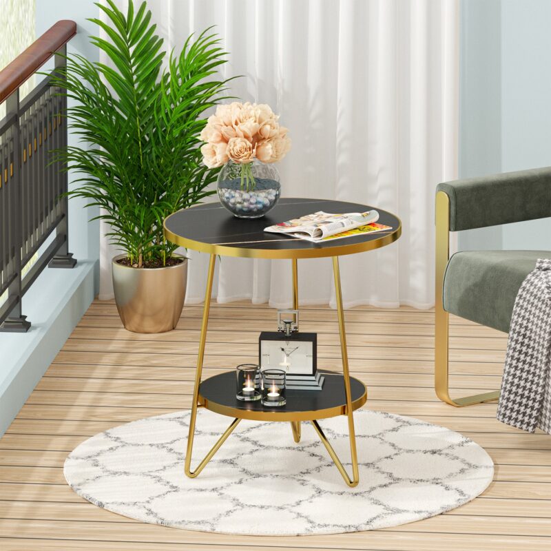 End Table, 2 Tier Round Sofa Bedside Table with Shelves - Image 9