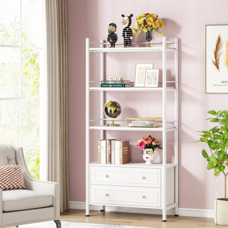 Bookshelf, 4-Tier Tall Bookcase Display Shelf with 2 Drawers - Image 2