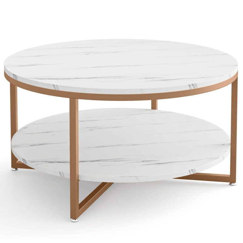 Coffee Table, 2-tier Round Tea Table with Faux Marble Tabletop - Image 2