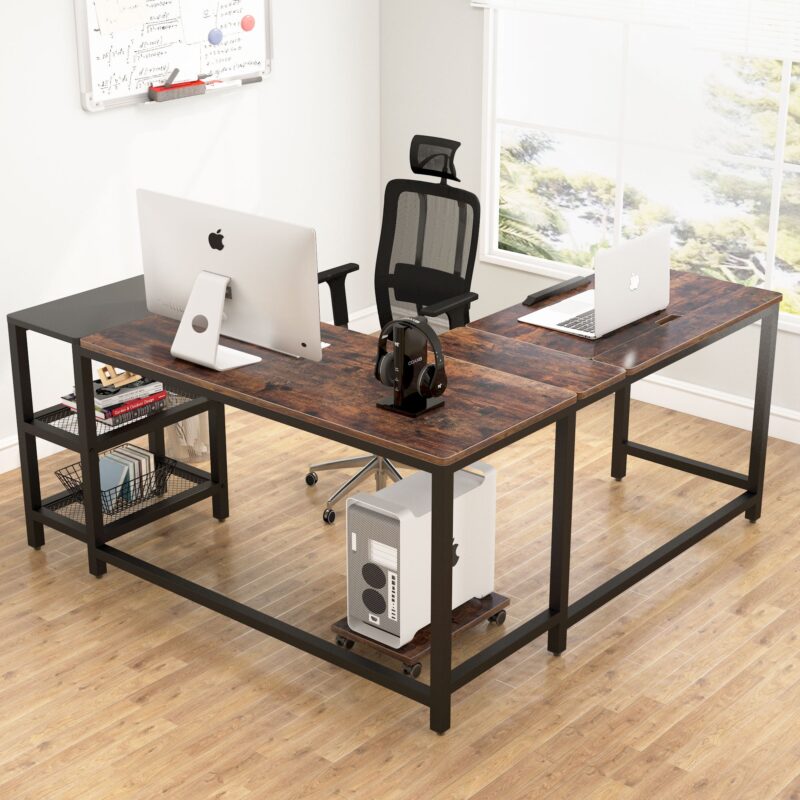 L-Shaped Desk, 59" Corner Computer Desk Drafting Table with Shelves - Image 3