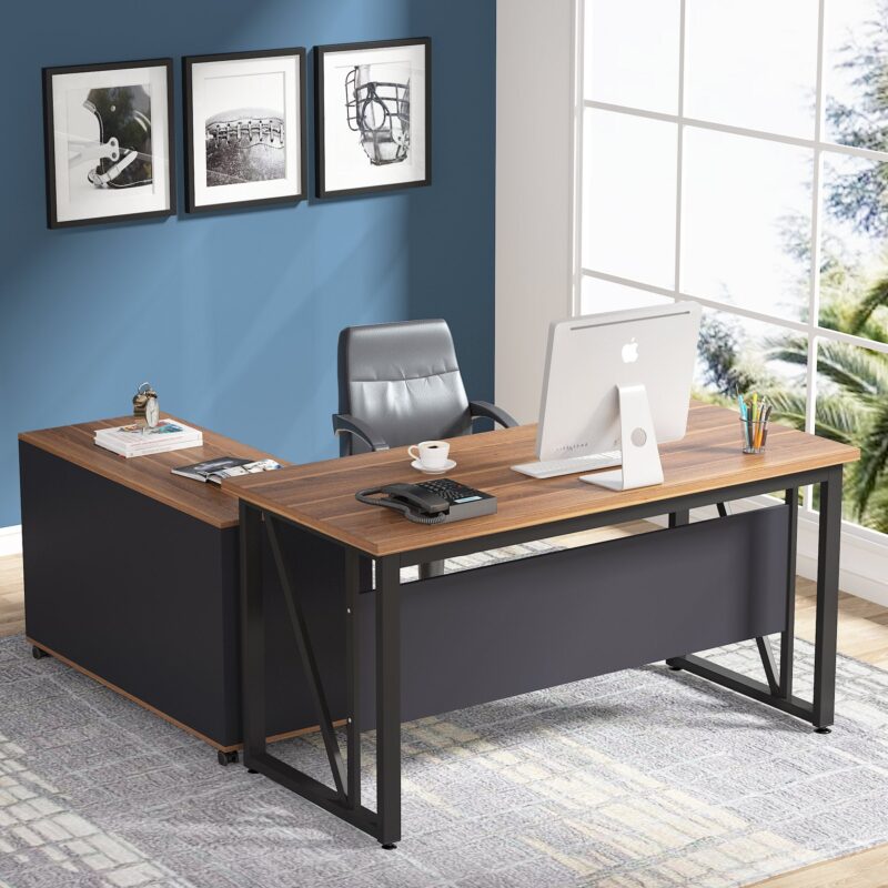 L-Shaped Desk, 55" Executive Desk Computer Table and 43" File Cabinet - Image 3