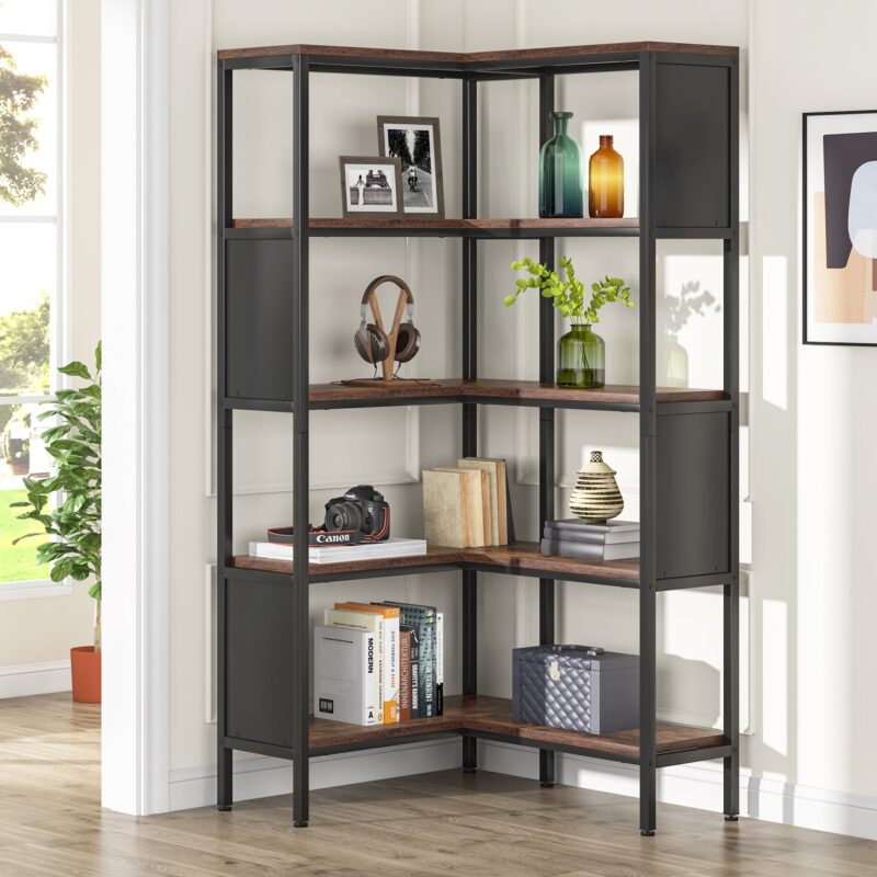 Corner Bookshelf, Industrial 5-Tier L-Shaped Bookcase with Safety Baffles - Image 2