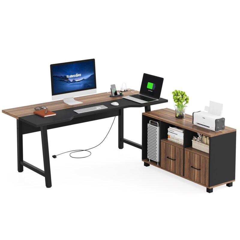 L-Shaped Desk, 70.9" Computer Desk with Power Outlet and File Cabinet