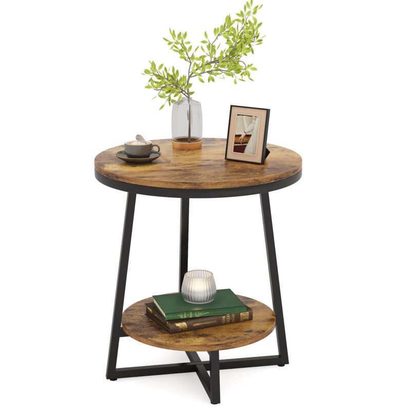 End Table, 2 Tier Round Nightstand Bedside Table - Image 8