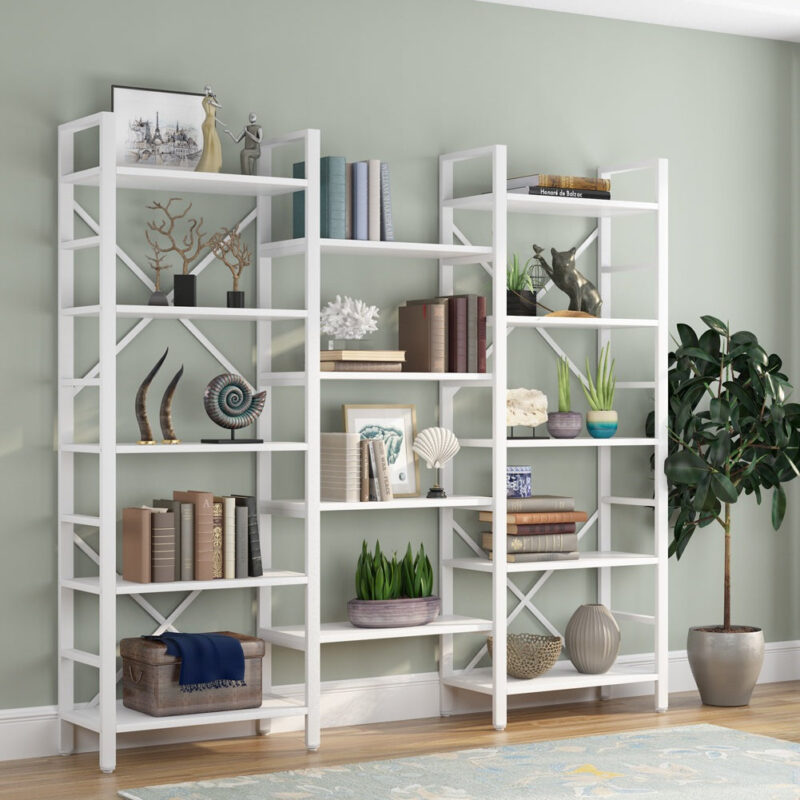 Bookshelf,  Industrial Triple Wide 14 Shelves Etagere Bookcase - Image 8