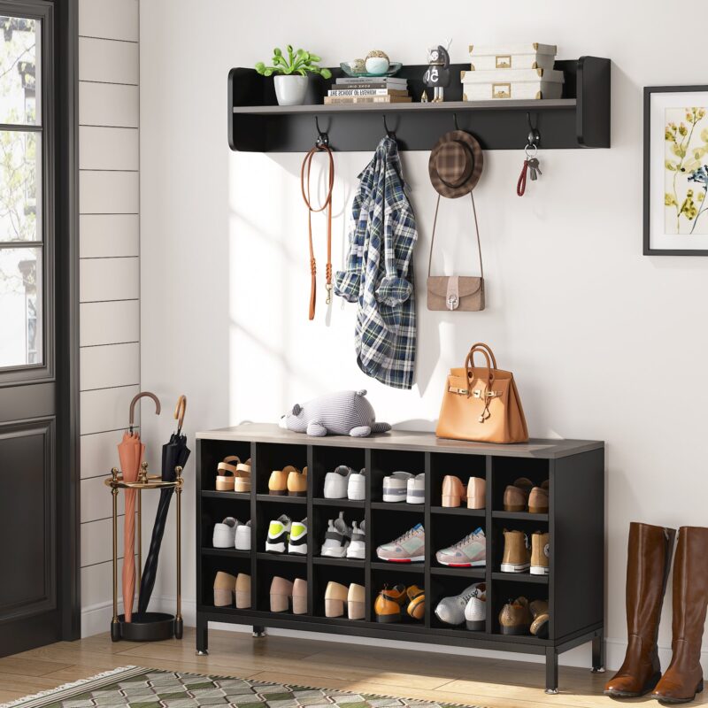 Coat Rack Shoe Bench Set, Hall Tree with Bench and 18 Shoe Cubbies - Image 8