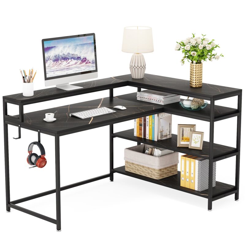 L-Shaped Desk, 53" Reversible Corner Desk with Shelves and Monitor Stand