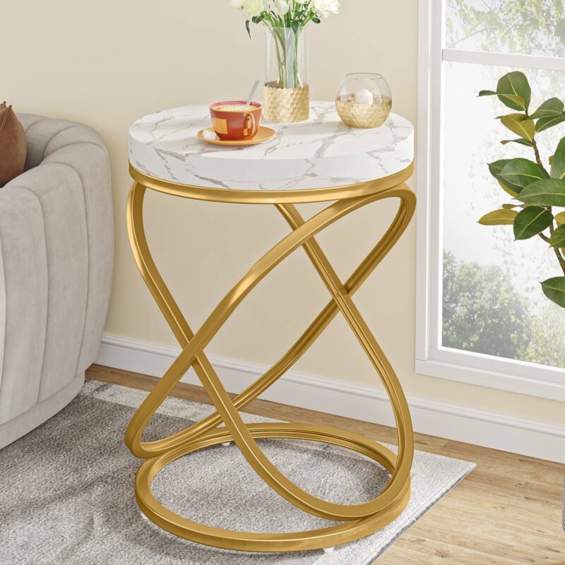 End Table, 26" Tall Round Sofa Side Table with Faux Marble Top