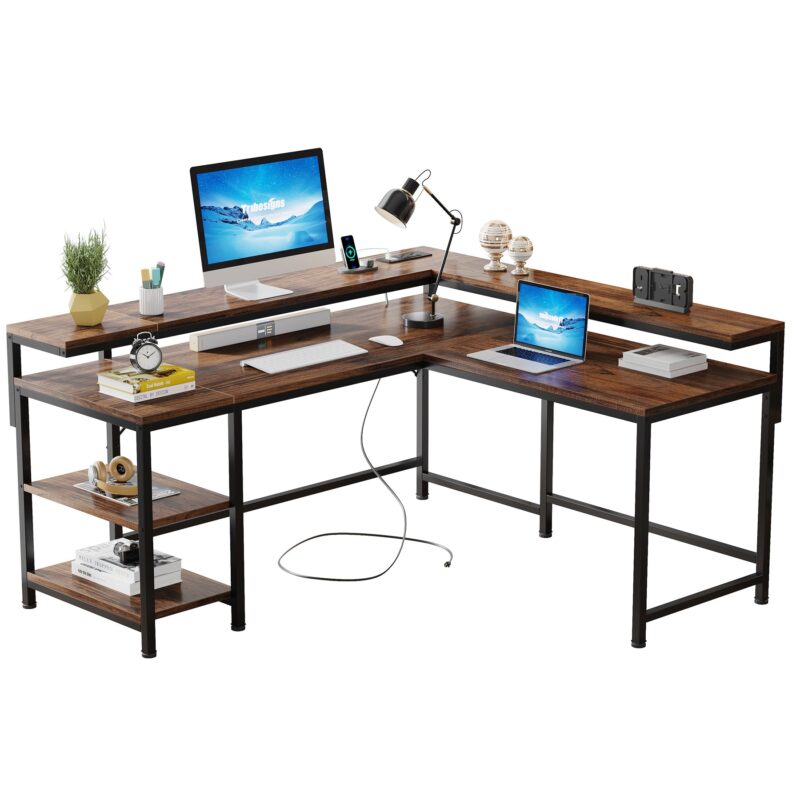 L-Shaped Desk, Corner Desk with Power Outlets & Monitor Shelves - Image 2